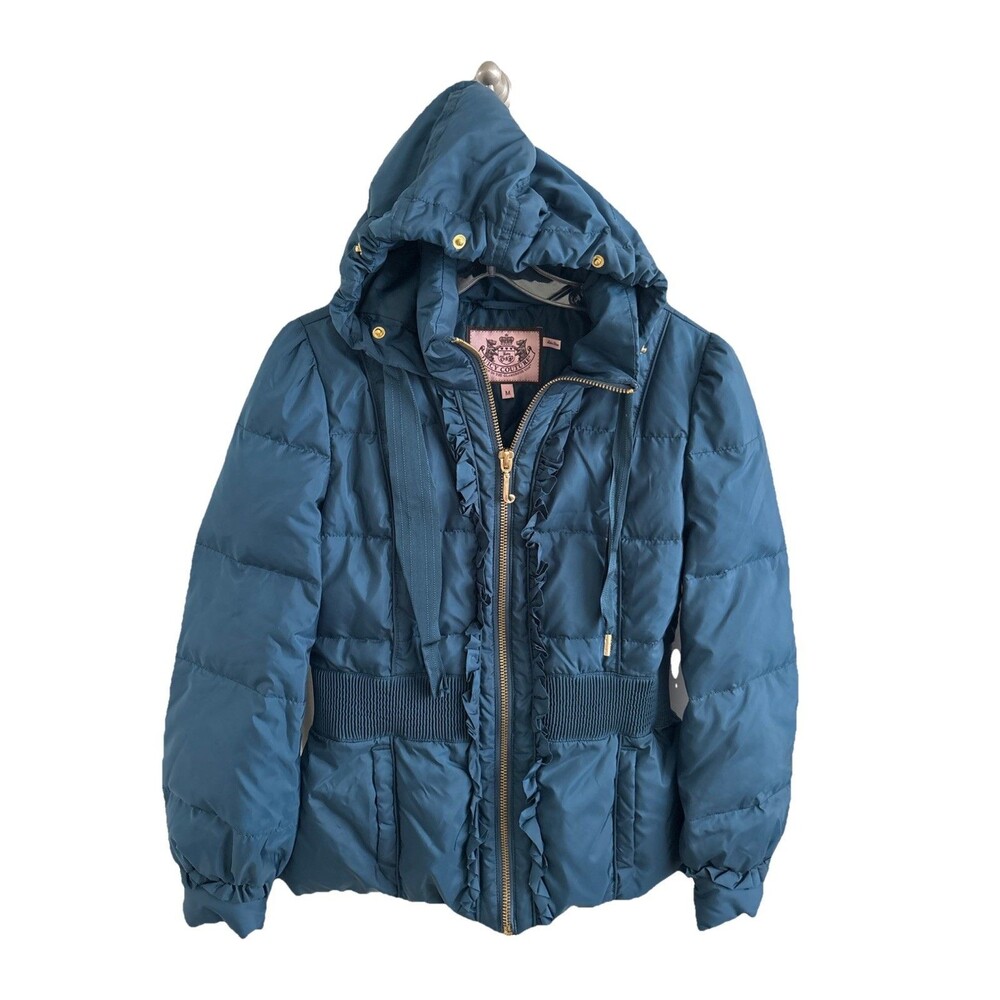 EUC Juicy Couture Teal Blue Quilted Hooded Puffer Down Filled Ruffle Jacket Med